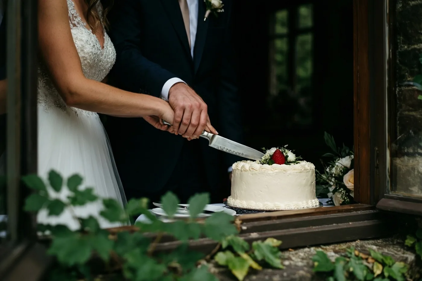 Een bruid en bruidegom snijden met hun handen samen een witte bruidstaart aan met een zilveren mes, buiten bij een houten raamkozijn en groen op de voorgrond.