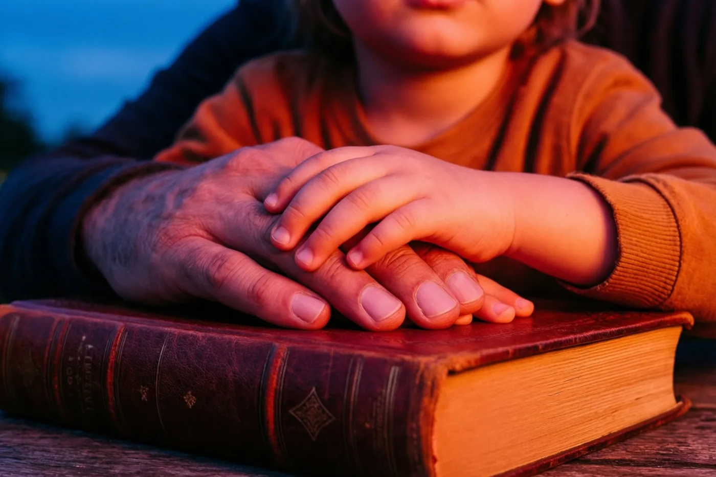 Een volwassen hand en een kinderhand houden elkaar vast op een dik leren boek, in warm goudkleurig licht tegen een schemerblauwe achtergrond.