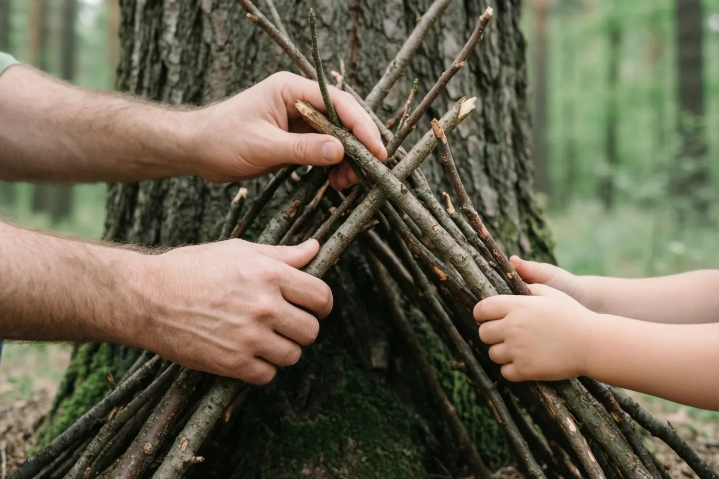 De handen van een vader en een kind bouwen samen een kleine hut van takken tegen een boomstam in het bos, in gedempte bruine en groene tinten.