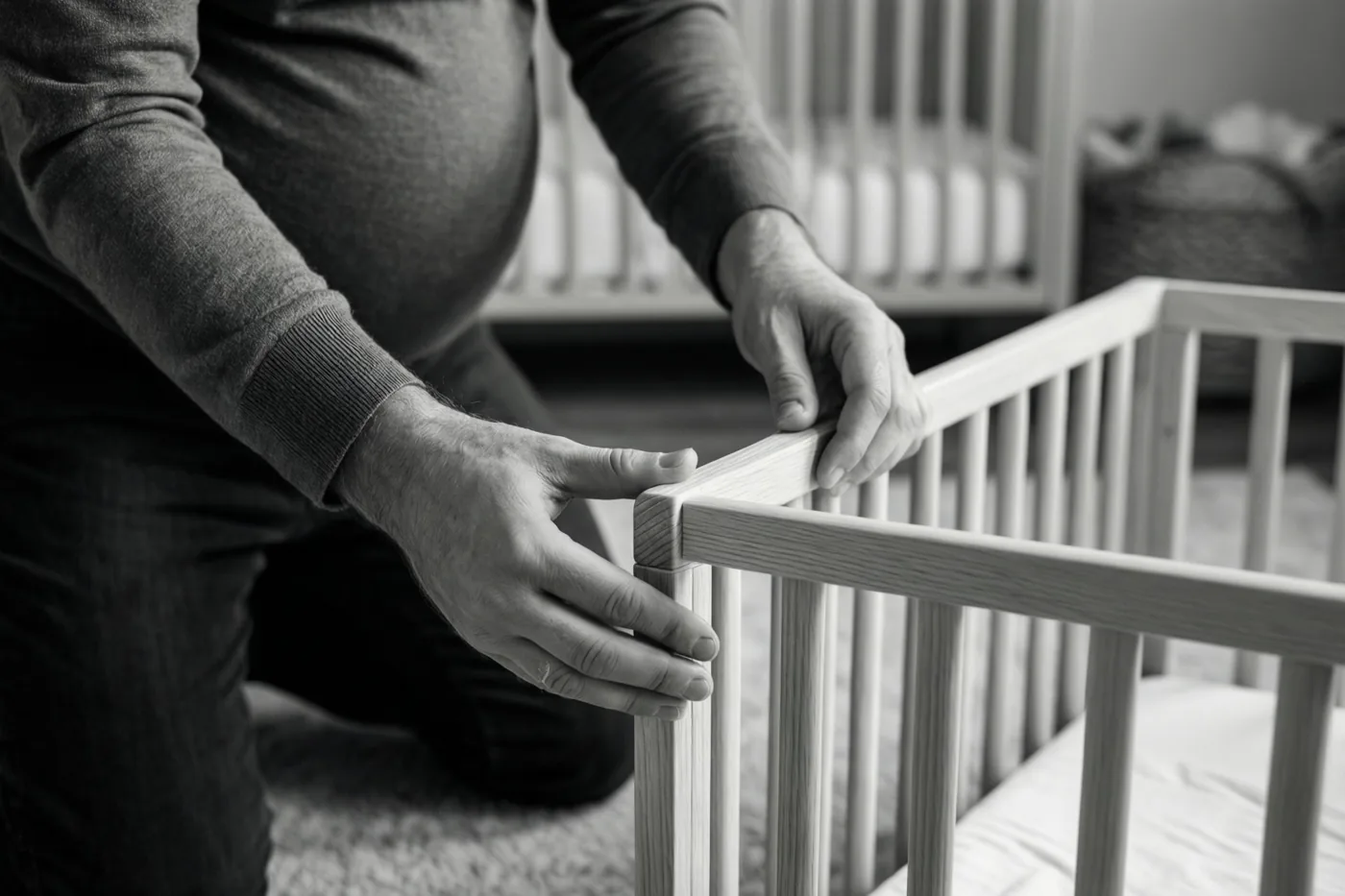 Op een zwart-witfoto zetten de handen van een aanstaande vader een houten babybedje in elkaar op de vloer van een babykamer.