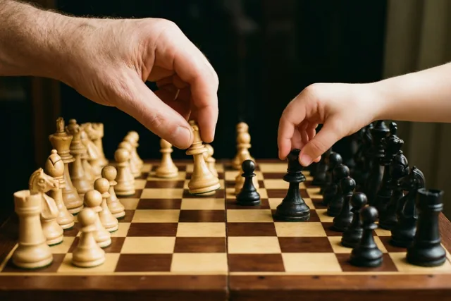 Een grote en een kleine hand reiken naar een houten schaakbord om stukken van de twee partijen te verplaatsen, met warm licht tegen een donkere achtergrond.