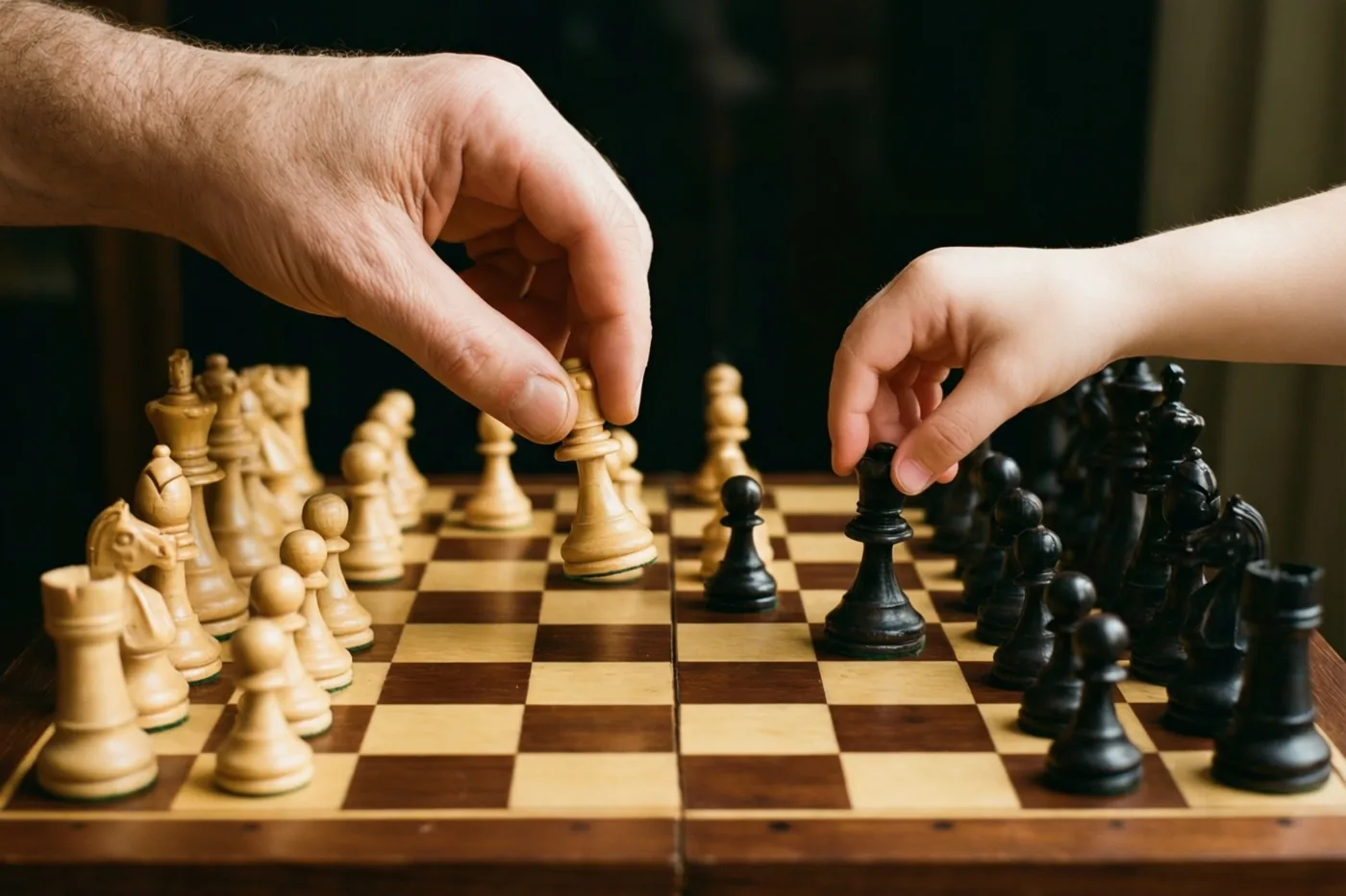 Een grote en een kleine hand reiken naar een houten schaakbord om stukken van de twee partijen te verplaatsen, met warm licht tegen een donkere achtergrond.