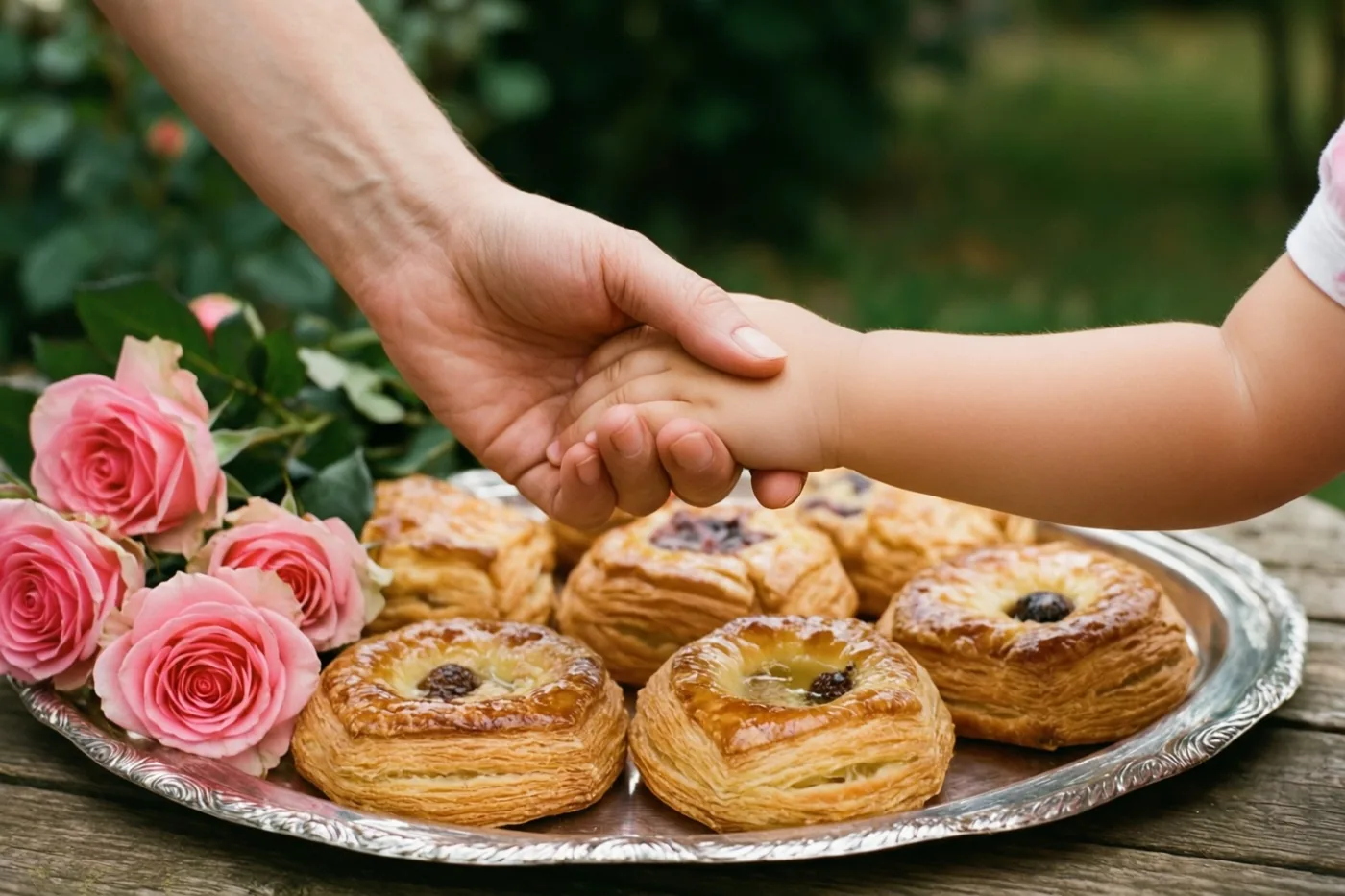Een volwassene houdt een kinderhand vast boven een zilveren dienblad met goudbruine gebakjes en roze rozen, buiten op een houten ondergrond tegen een onscherpe groene achtergrond.