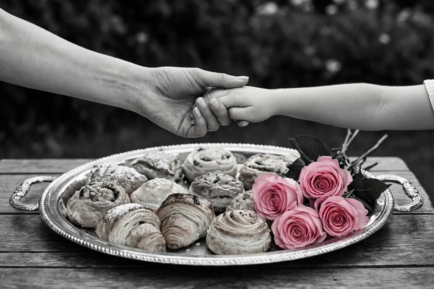 Een moeder en kind houden elkaars hand vast boven een zilveren dienblad met gebakjes en roze rozen op een houten buitentafel, tegen een onscherpe natuurlijke achtergrond.