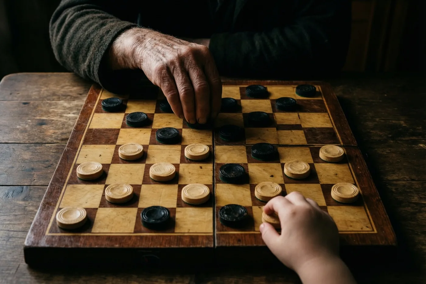 Een oudere persoon en een kind spelen dammen aan een houten tafel, waarbij een oudere en een kleine hand naar de damstenen reiken.