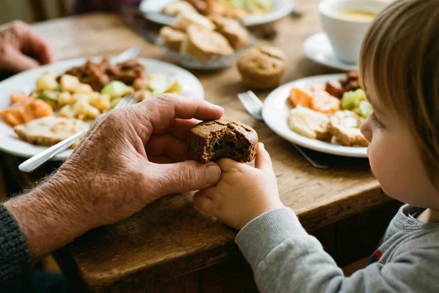 Een oudere hand geeft een kleine chocolademuffin aan een jong kind boven een houten ontbijttafel in warm licht.