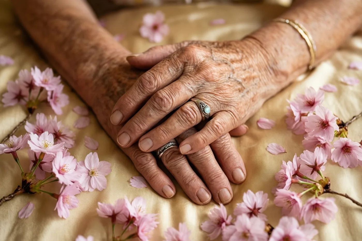 Twee oudere handen met trouwringen houden elkaar vast op een goudkleurige stof, omringd door roze kersenbloesems in zacht licht.