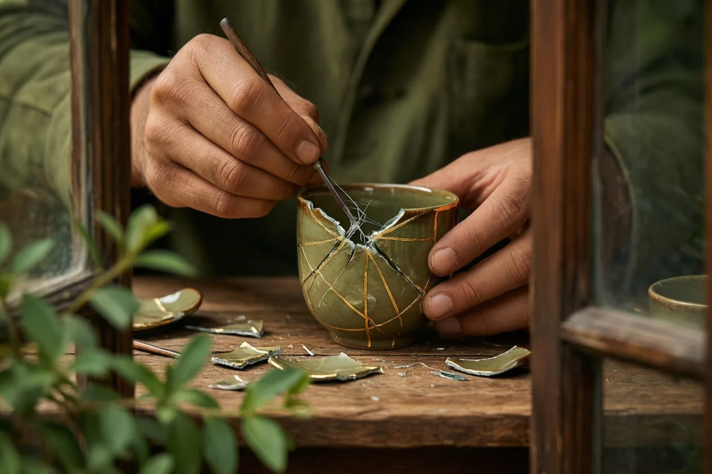 Handen herstellen een gebarsten groene keramieken kop met gouden lijnen op een houten tafel, omlijst door een houten raamconstructie.