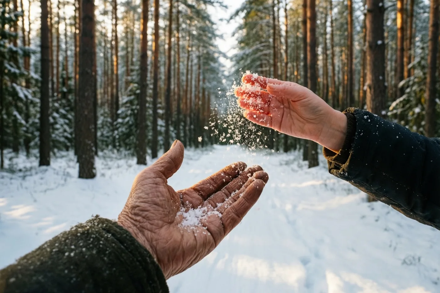 Een oudere en een jongere hand vangen vallende sneeuwvlokken in een besneeuwd dennenbos in warm goudkleurig licht.