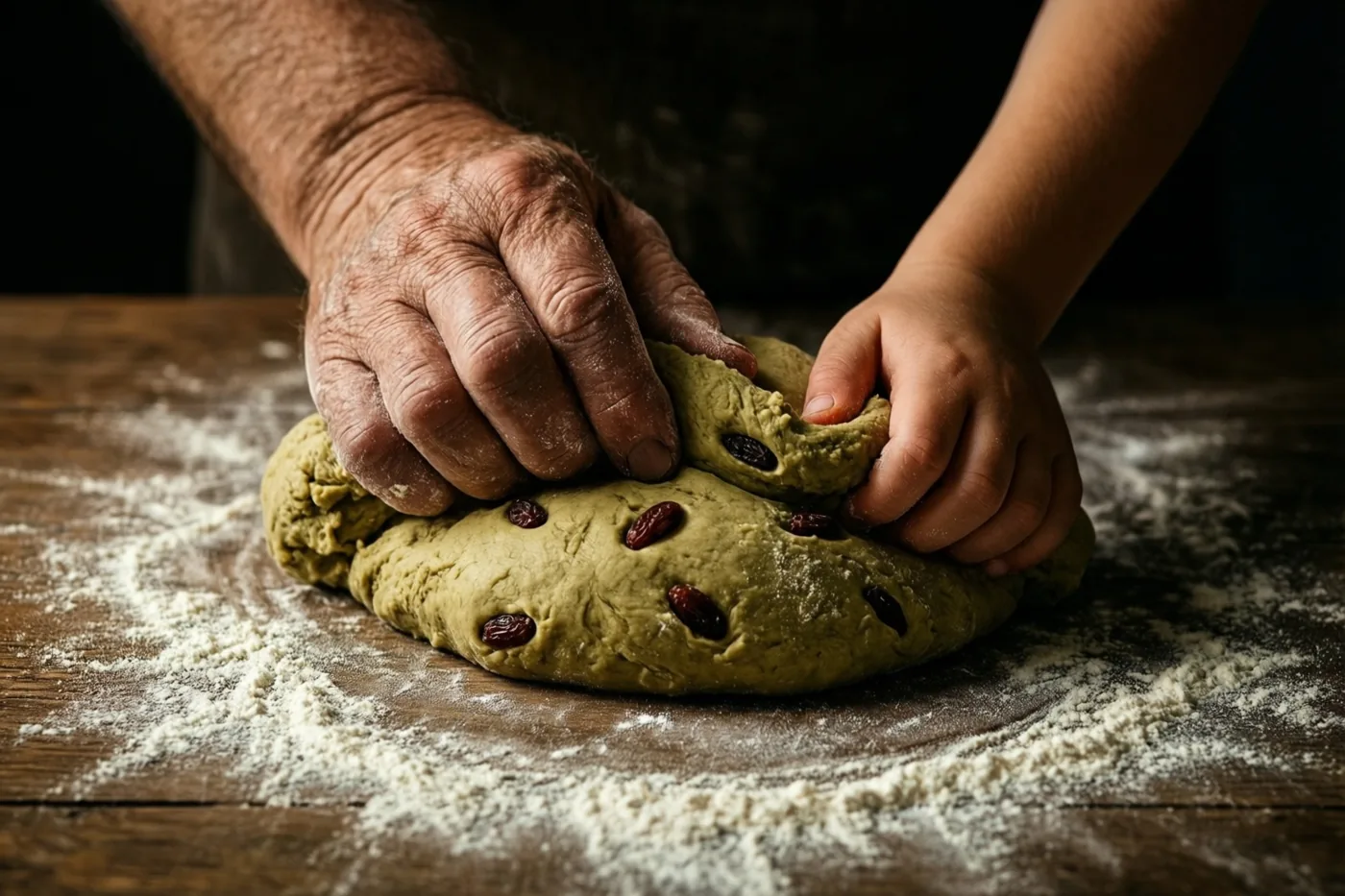 Een oudere hand en een kinderhand kneden groenachtig deeg met rozijnen op een met bloem bestoven houten tafel in warm licht.