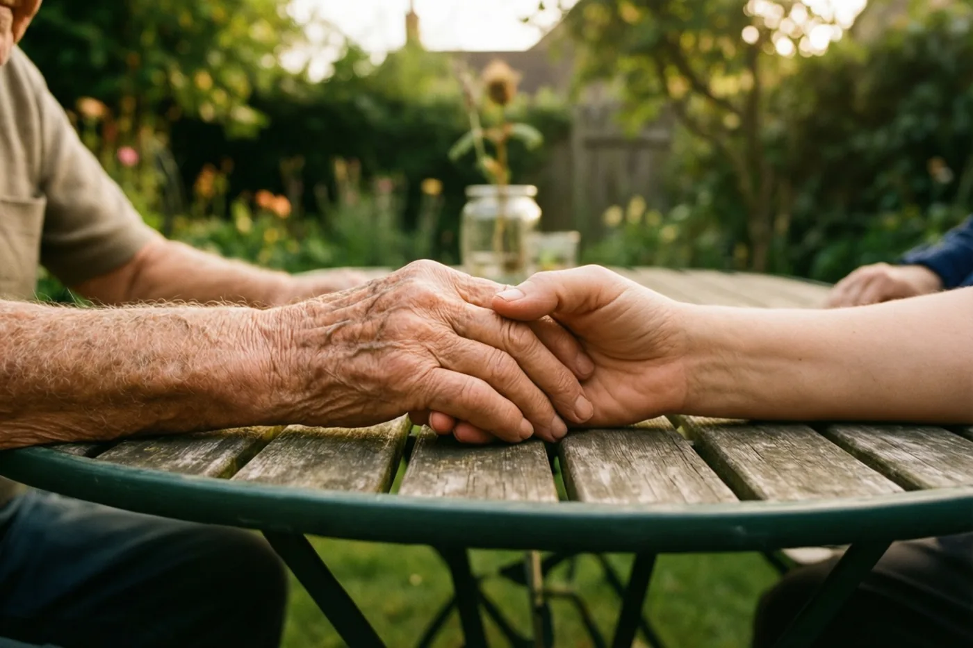 Een oudere en een jongere hand houden elkaar vast op een houten tuintafel in een zonnige tuin met groen op de achtergrond.