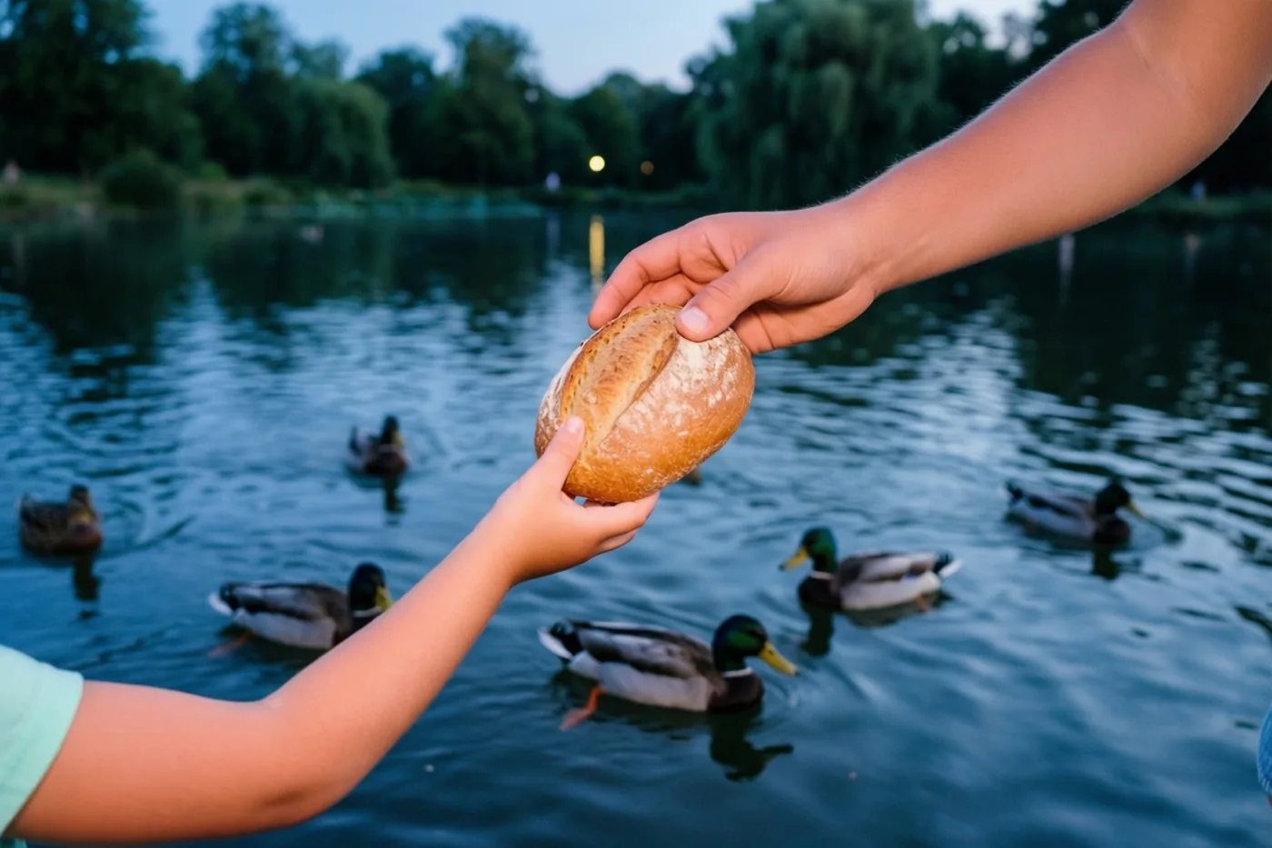 Een kinderhand en een volwassen hand houden samen een brood klaar om eenden in een vijver te voeren, met water en bomen in blauwe en groene tinten in de schemering.