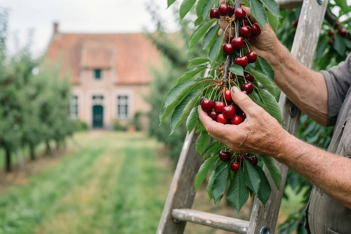 De handen van een oudere persoon houden vanaf een houten ladder een tak met rijpe rode kersen vast, met een Vlaamse hoeve met rode dakpannen onscherp tussen het groen op de achtergrond.