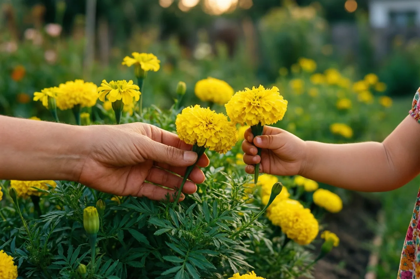 Een volwassen hand en een kinderhand houden voorzichtig gele bloemen vast in een groene tuin, in warm en zacht licht.