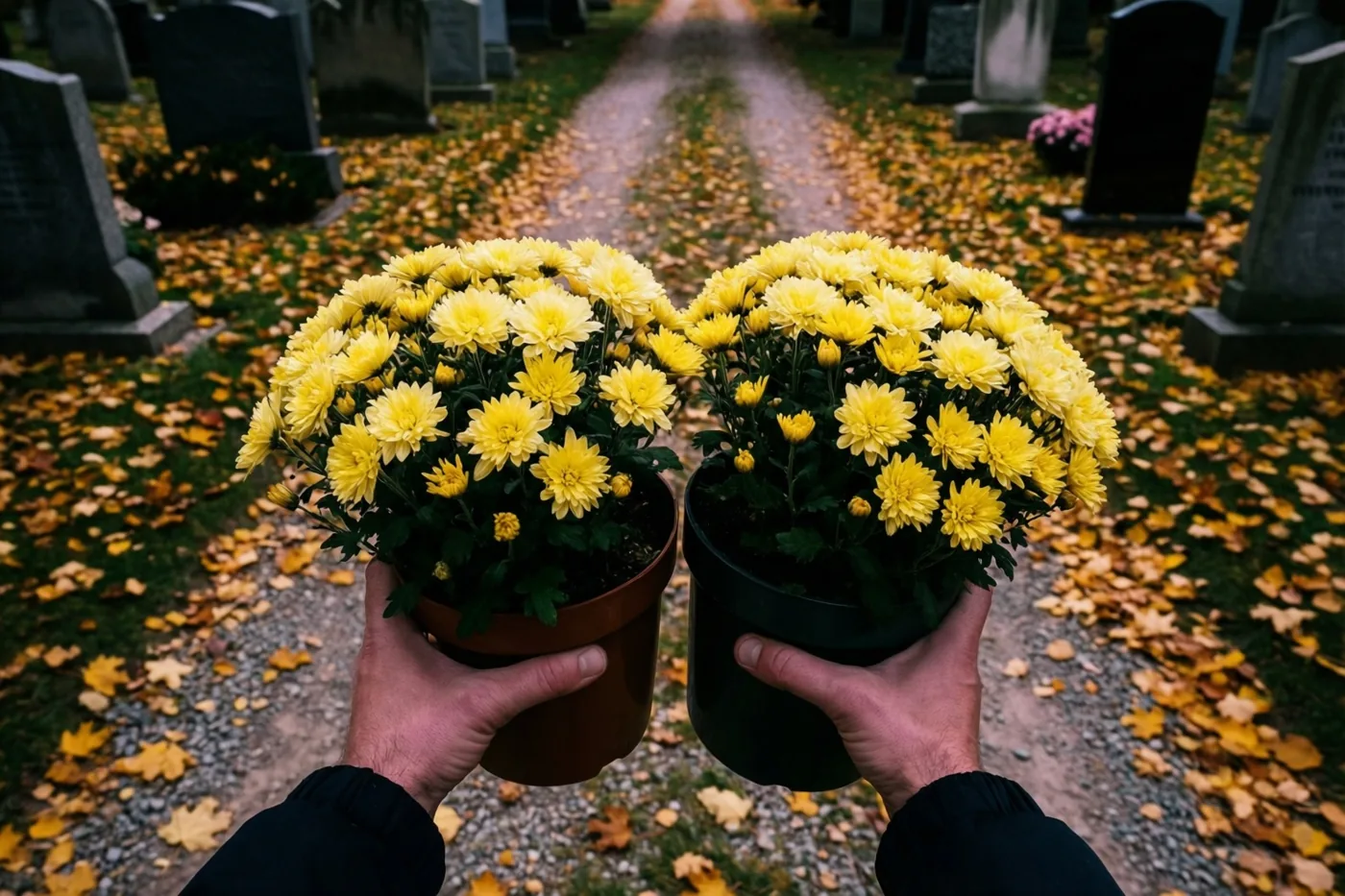 Twee handen houden potten gele chrysanten vast langs een grindpad met goudgele herfstbladeren, met grafstenen op de achtergrond.