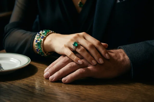 Een vrouwenhand met een grote groene edelsteenring en een bijpassende armband rust op een mannenhand op een houten cafétafel in een schemerige omgeving.