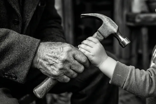 Een zwart-witfoto toont van dichtbij hoe een gerimpelde hand een kinderhand begeleidt bij het vasthouden van een hamer.