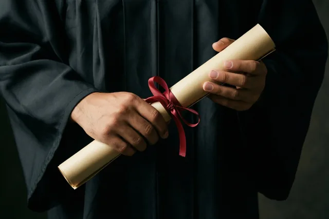 Een persoon in een donkere afstudeertoga houdt een opgerold diploma met rood lint vast, met de handen en het diploma centraal tegen een donkere achtergrond.