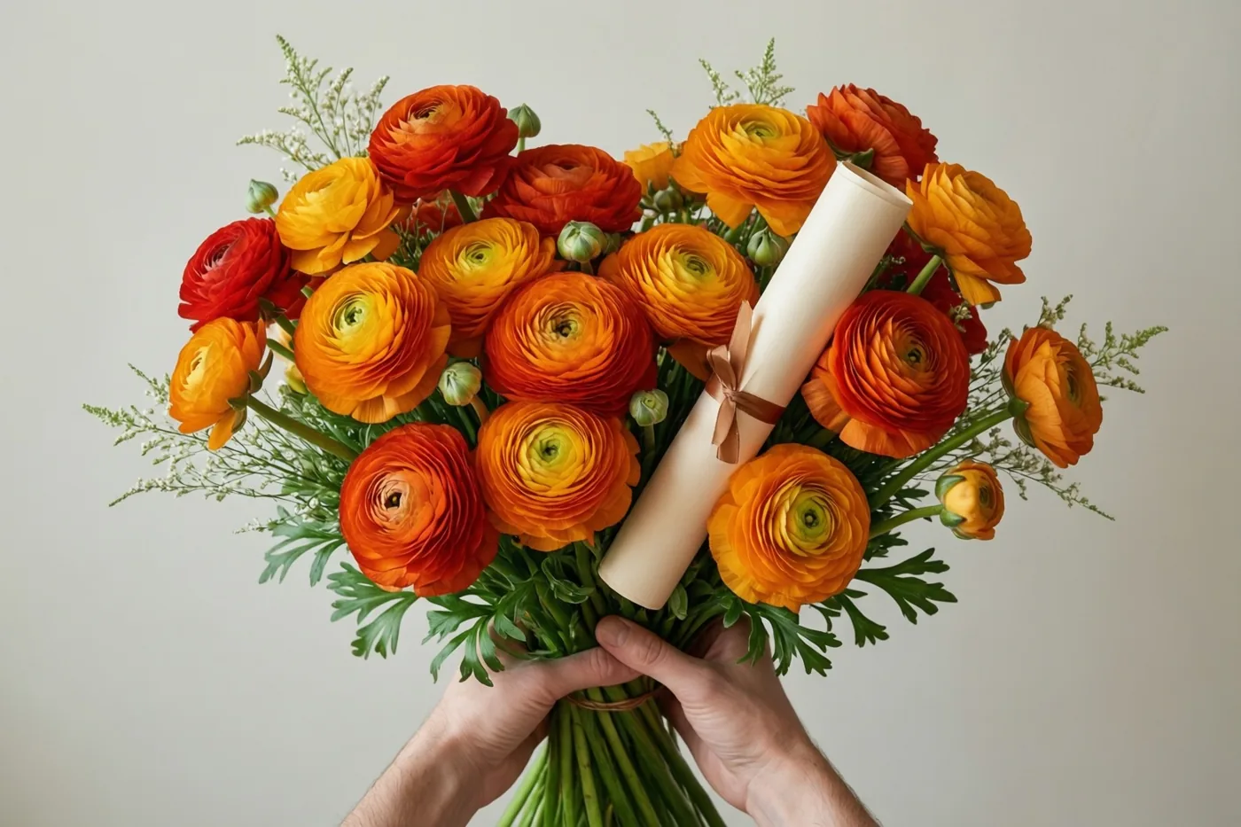 Twee handen houden een groot boeket oranje en rode ranonkels met een opgerold diploma ertussen vast voor een lichtgrijze muur.