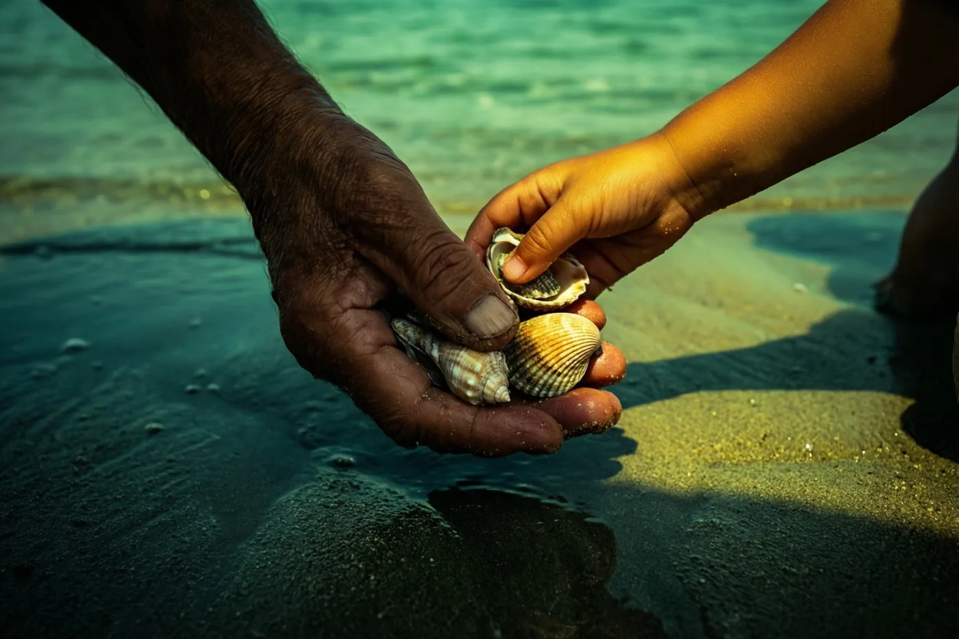 Een verweerde volwassen hand en een kleine kinderhand houden samen schelpen vast boven nat zand bij laagwater, in warm zonlicht.