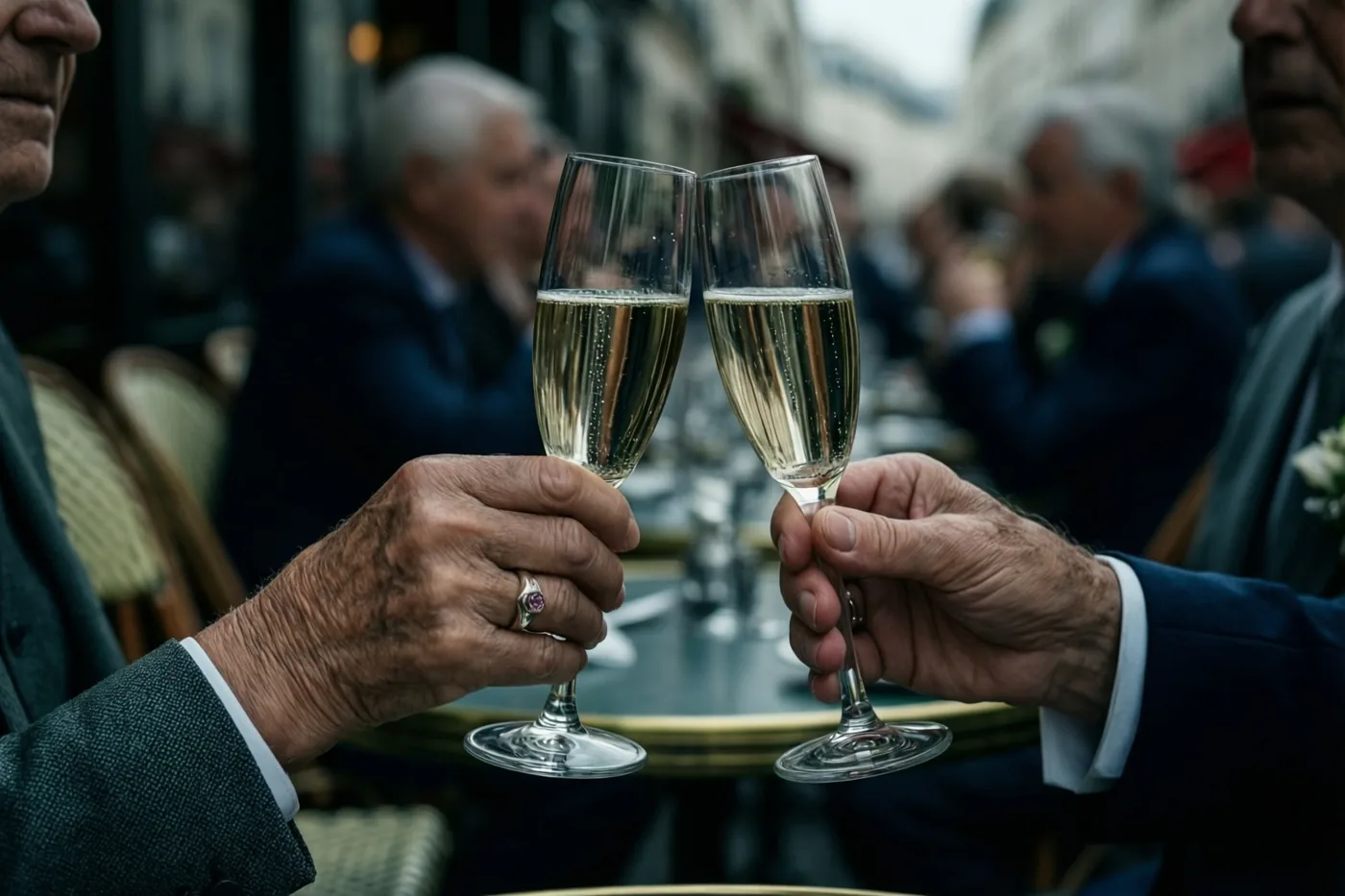 Twee oudere handen met elk een trouwring klinken met champagneglazen op een caféterras, met onscherpe cafébezoekers op de achtergrond.