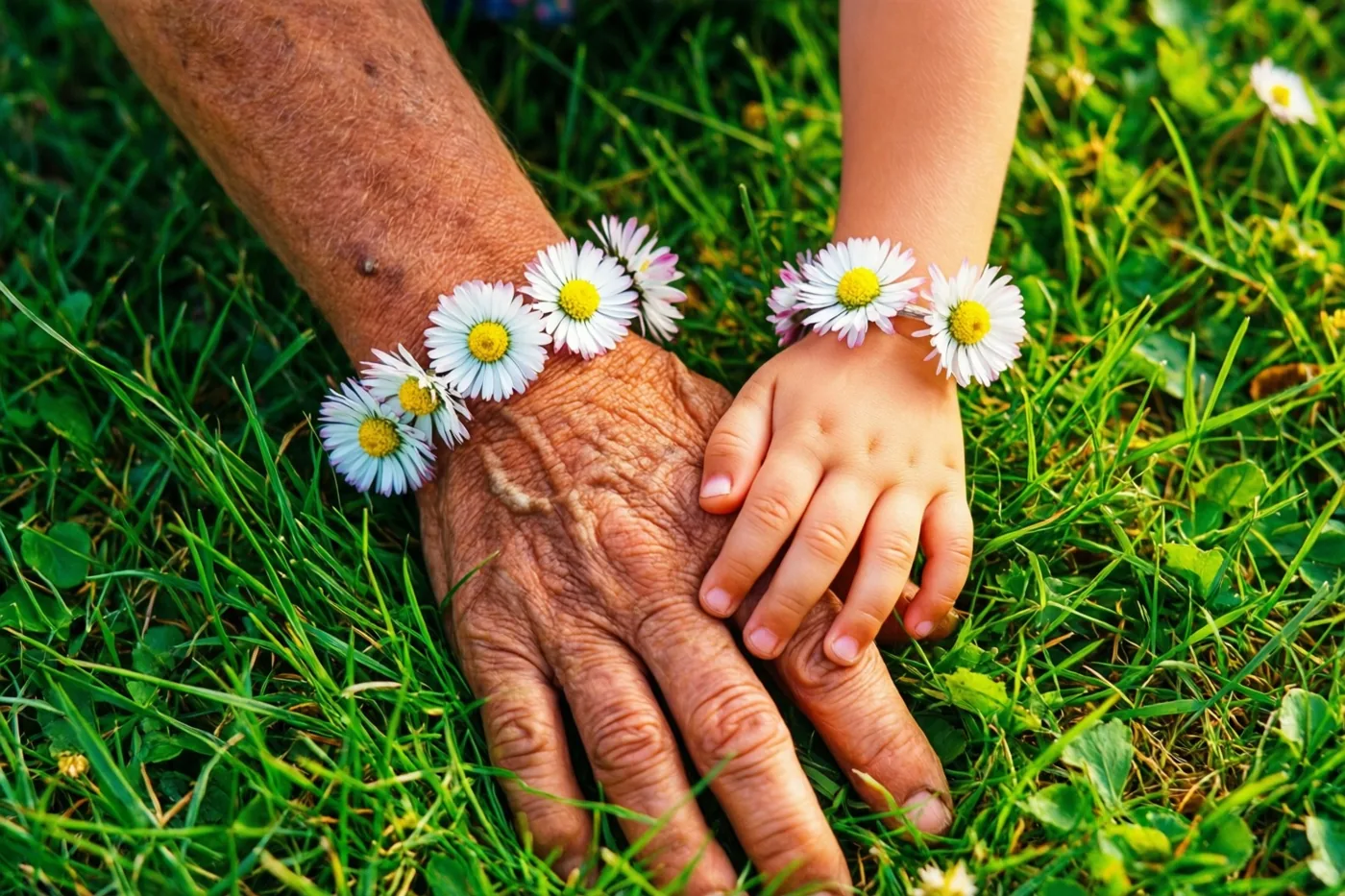 Een gerimpelde hand van een oudere persoon en een kinderhand rusten samen op groen gras en zijn allebei versierd met een madeliefjesketting.