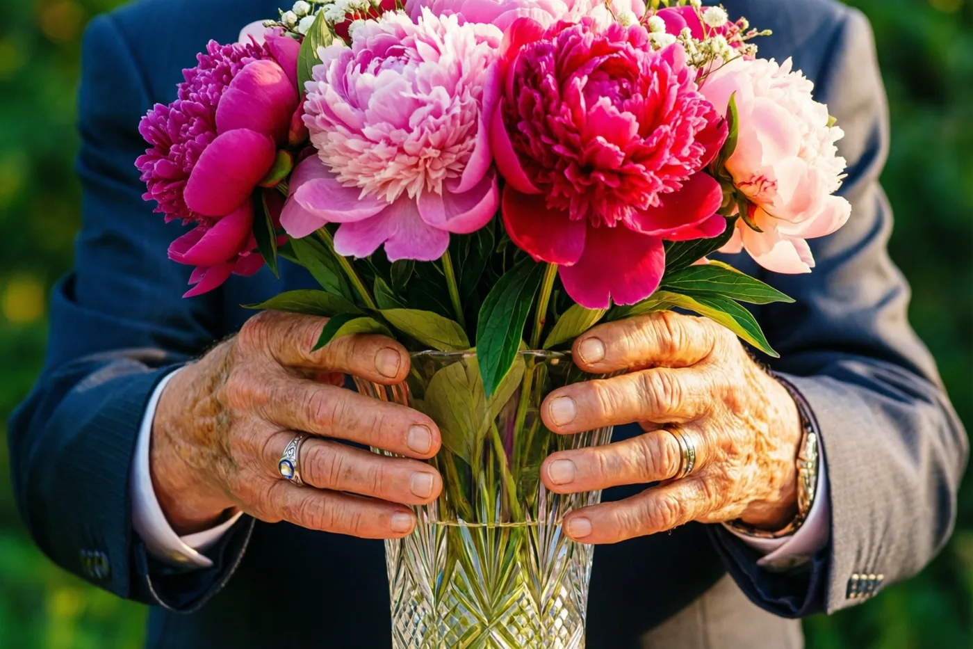 Een oudere persoon met gerimpelde handen en trouwringen houdt buiten een kristallen vaas met roze en magentakleurige pioenrozen vast tegen een wazige groene achtergrond.