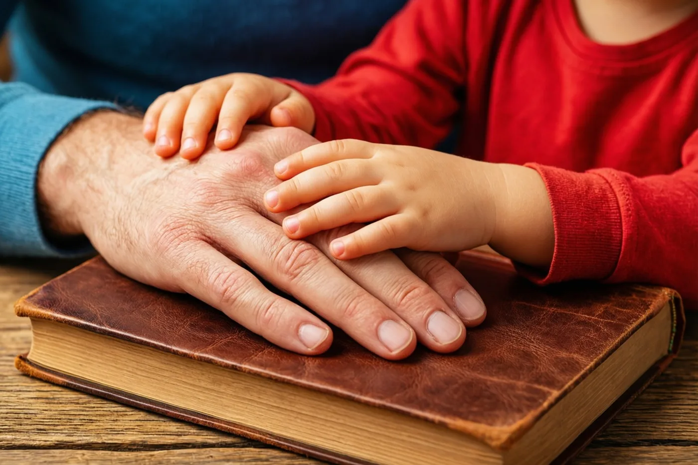 Een volwassen hand en een kinderhand rusten samen op een bruin, in leer gebonden boek op een houten ondergrond.