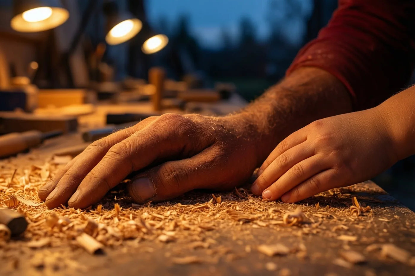 Een grote en een kleine hand rusten naast elkaar op een werkbank met houtkrullen, onder warme lampen en tegen een schemerblauwe achtergrond.
