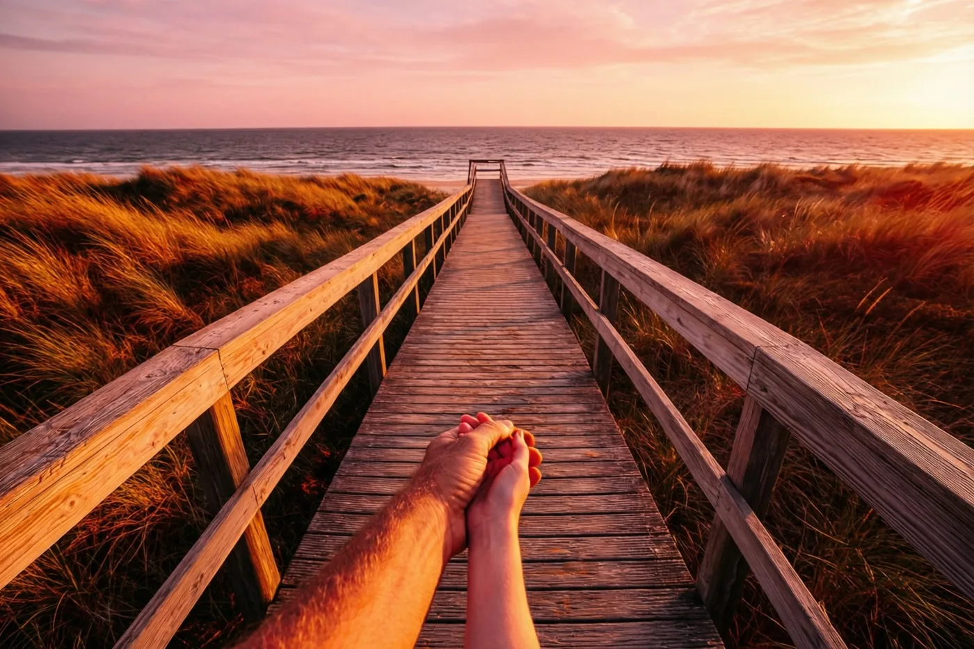 Vanuit het gezichtspunt van een wandelaar zijn een grote en een kleine hand te zien die elkaar vasthouden op een houten duinenpad naar zee bij zonsondergang.