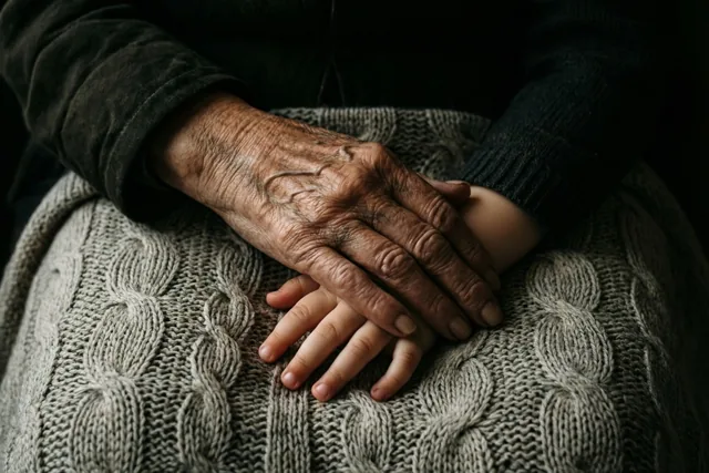 Een gerimpelde hand bedekt zacht een kleine kinderhand op een grijze kabelgebreide deken tegen een donkere achtergrond.