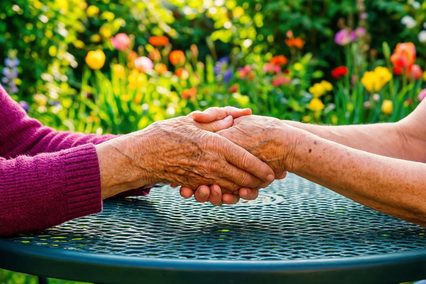 Een oudere en een jongere hand houden elkaar vast op een groene metalen tuintafel tegen een wazige achtergrond van kleurrijke bloemen en groen.
