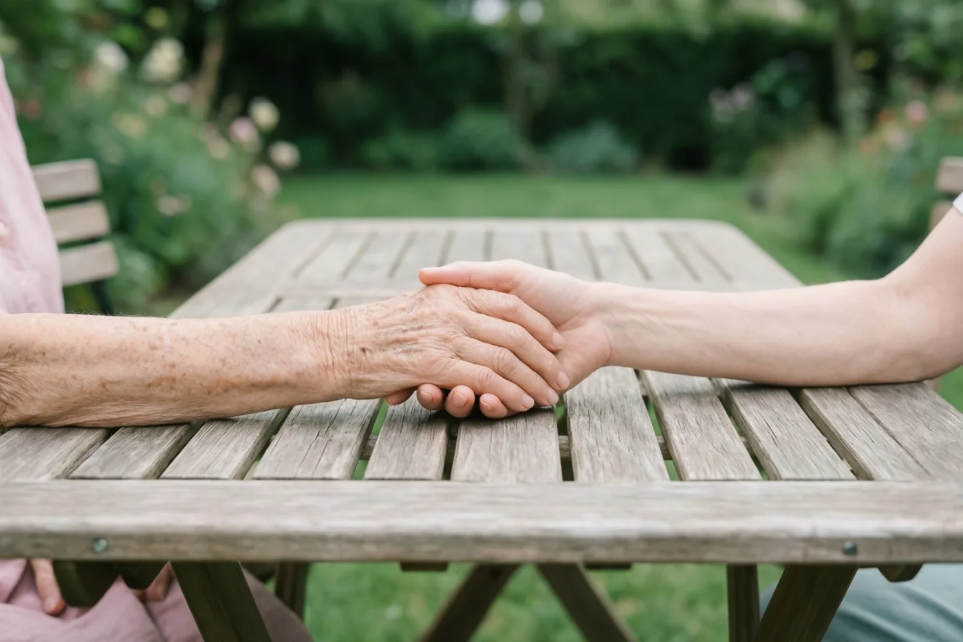 Een oudere en een jongere hand houden elkaar vast op een houten tuintafel met een groene tuin op de achtergrond.