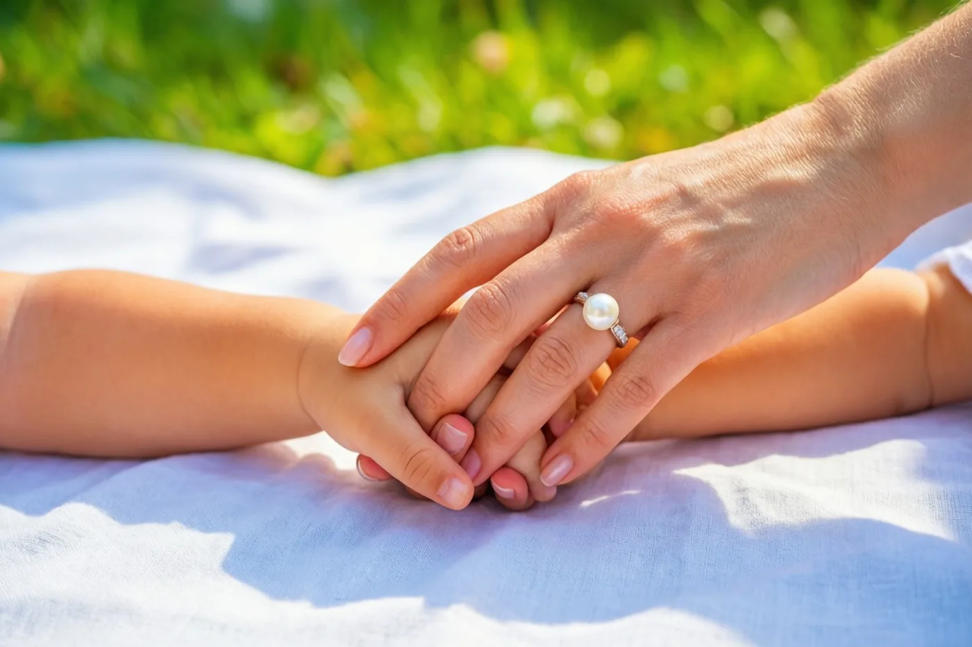 Een volwassen hand met een parelring houdt een kleinere kinderhand vast op wit linnen, buiten in helder zonlicht tegen een onscherpe achtergrond van groen gras.