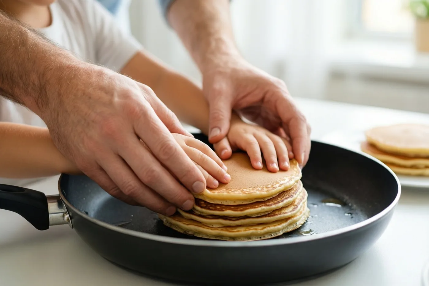 De handen van een volwassene en een kind drukken samen op een stapel goudbruine pannenkoeken in een zwarte pan op een wit keukenblad.