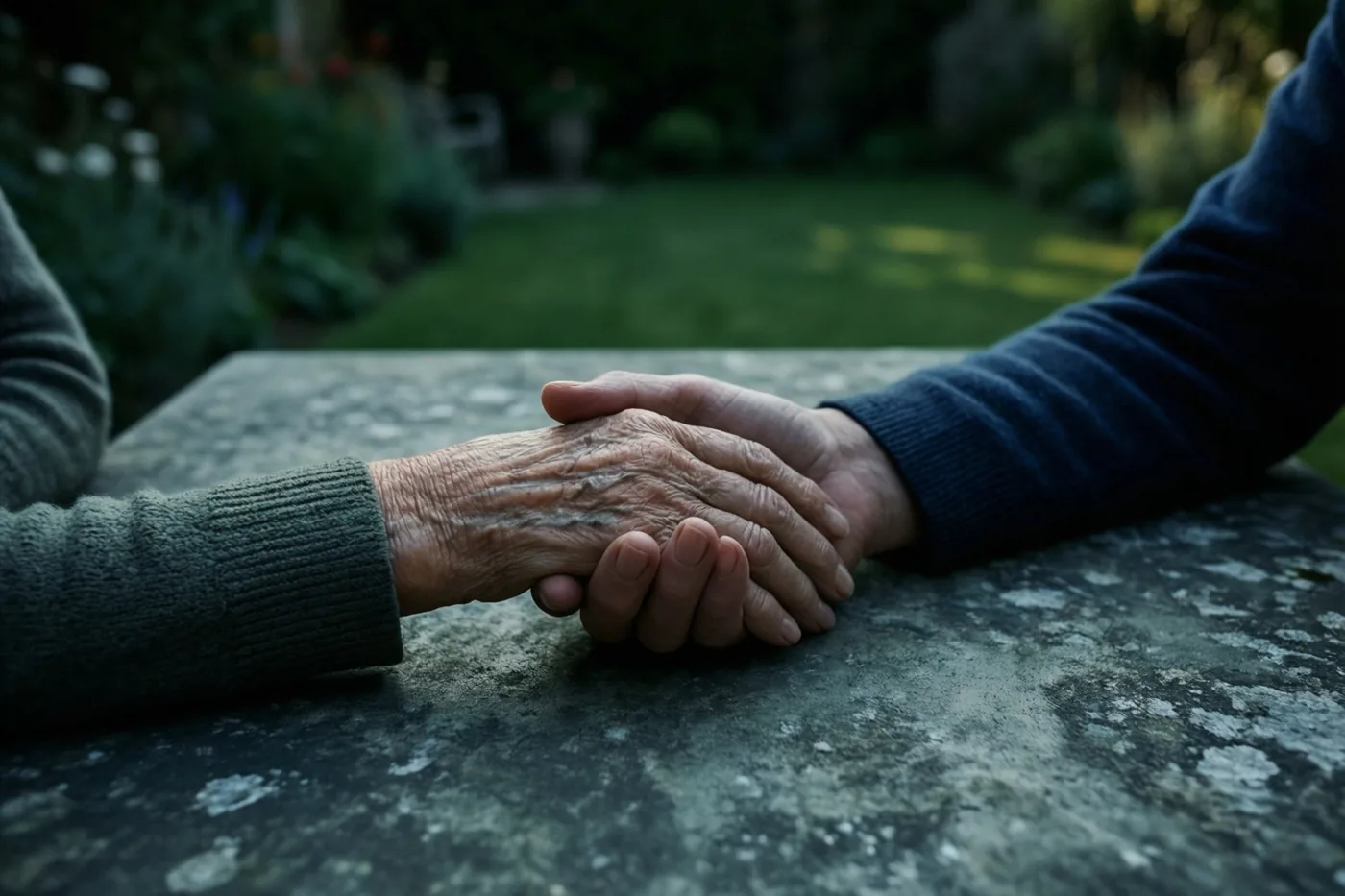 Een oudere en een jongere hand houden elkaar vast op een verweerde stenen tuintafel, met een onscherpe groene tuin op de achtergrond.