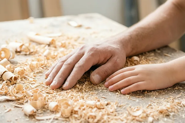 Een grote en een kleine hand liggen naast elkaar op een werkbank vol houtkrullen, in warme beige en bruine tinten.
