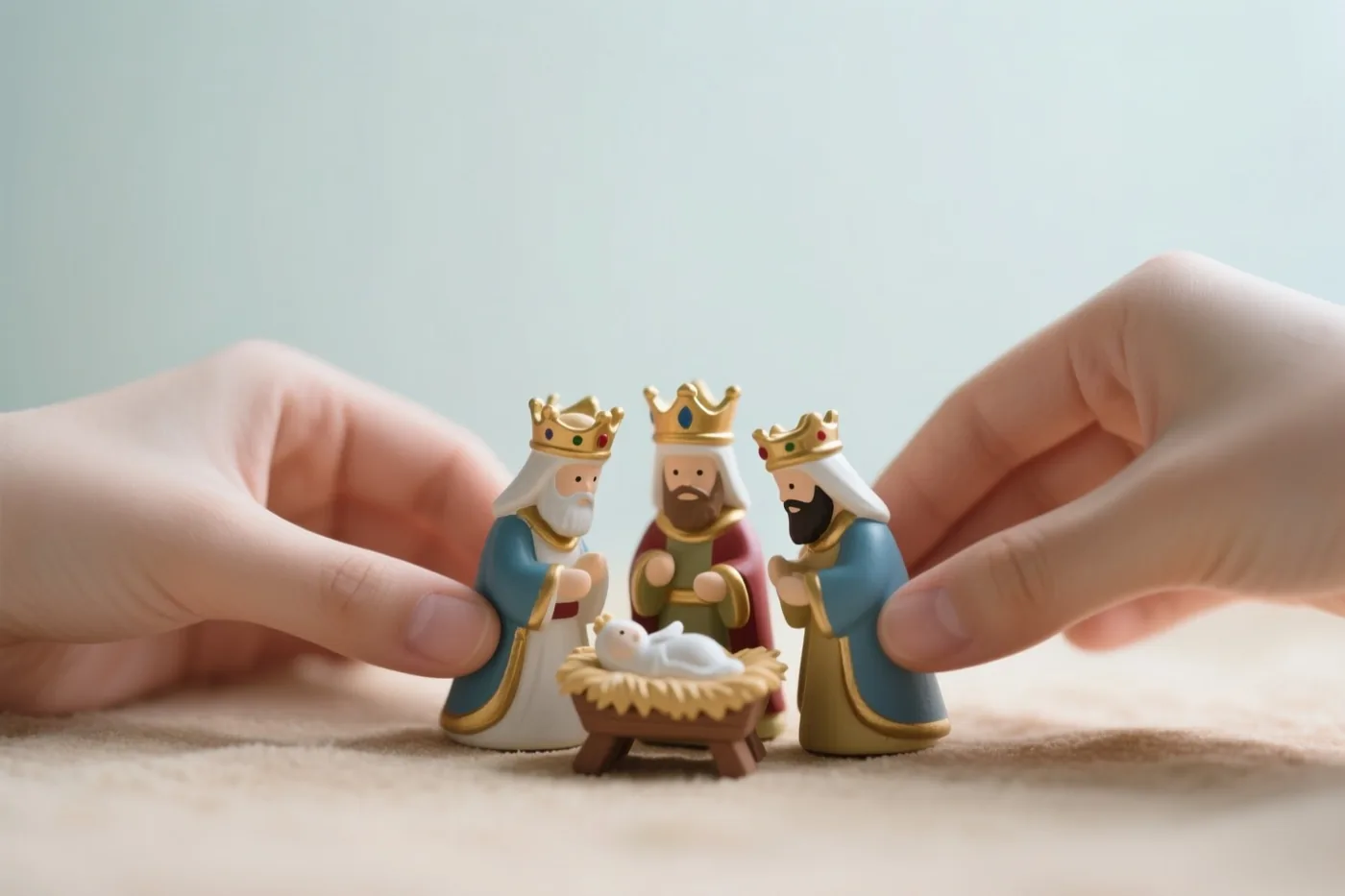 Twee handen plaatsen drie gekroonde koningsbeeldjes rond een kribbe met een babybeeldje op een zacht beige oppervlak tegen een lichtblauwe achtergrond.