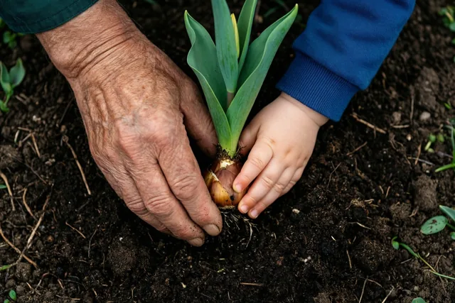 Een verweerde hand van een oudere persoon en een peuterhand bij een blauwe mouw planten samen een tulpenbol in donkere aarde, met opkomende groene blaadjes.