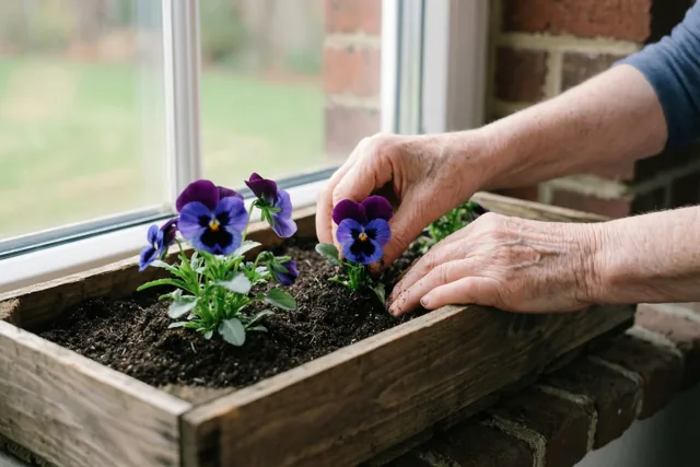 De handen van een oudere persoon drukken jonge paarse viooltjes in de aarde van een houten bloembak op een bakstenen vensterbank, in natuurlijk licht van het raam.