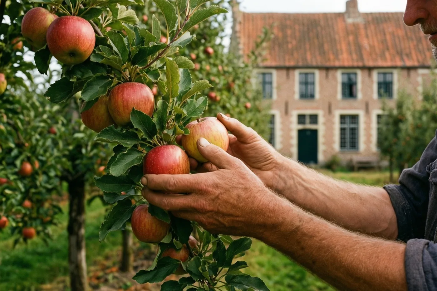 Handen plukken voorzichtig rijpe rode appels van een tak in een boomgaard, met een Vlaamse hoeve met rood pannendak onder een bewolkte hemel op de achtergrond.