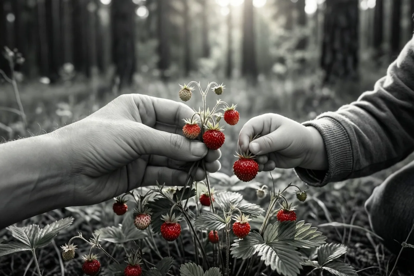 Een volwassen hand en een kinderhand plukken rode bosaardbeien van een plant aan de bosrand, terwijl de rest van het beeld zwart-wit is.