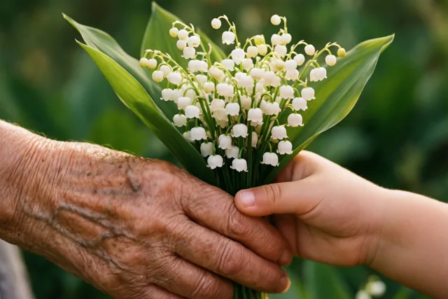 Een kinderhand en een gerimpelde hand van een oudere persoon houden elkaar en een boeketje witte meiklokjes met groene bladeren vast tegen een onscherpe groene achtergrond.