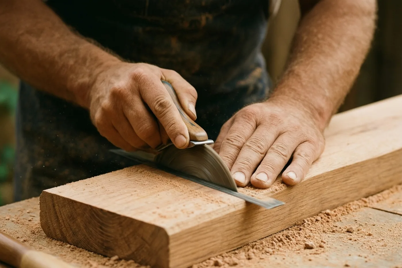 Mannenhanden schaven een houten plank met een handschaaf, met zaagsel rondom in warm licht.