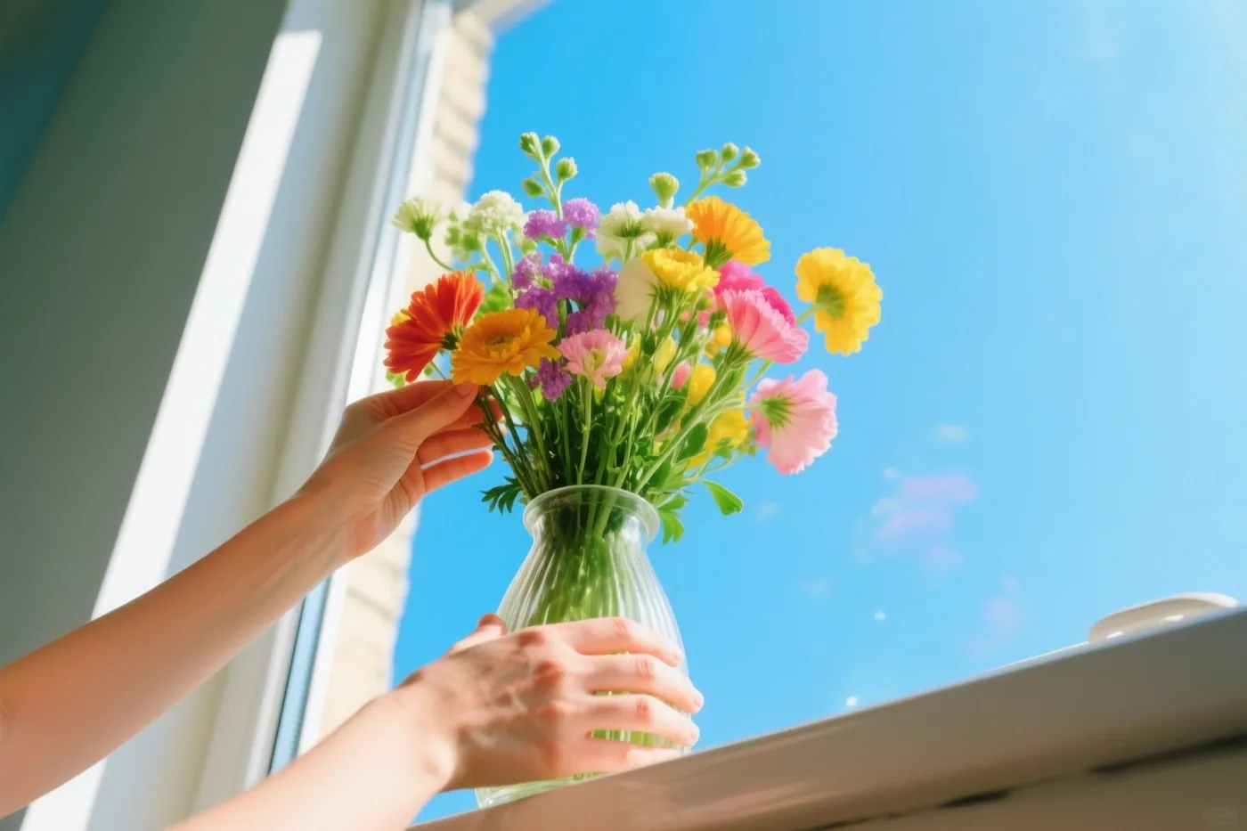 Twee handen schikken kleurrijke bloemen in een doorzichtige glazen vaas op een vensterbank, met warm zonlicht en een helderblauwe lucht achter het raam.