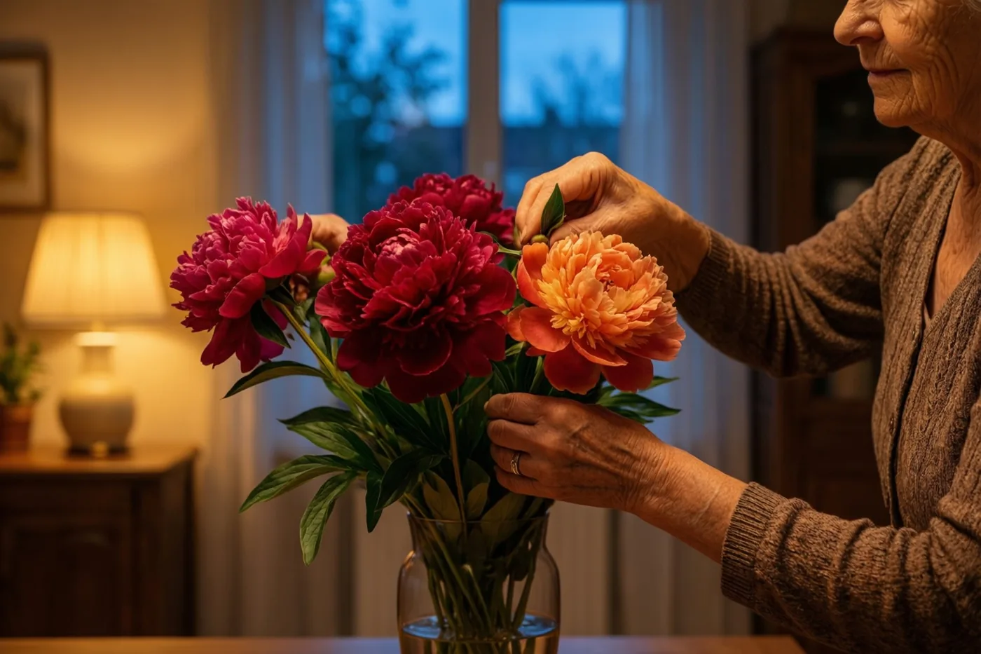 De handen van een oudere vrouw schikken felgekleurde pioenen in een heldere glazen vaas op een houten tafel, met een lamp en een raam op de achtergrond.