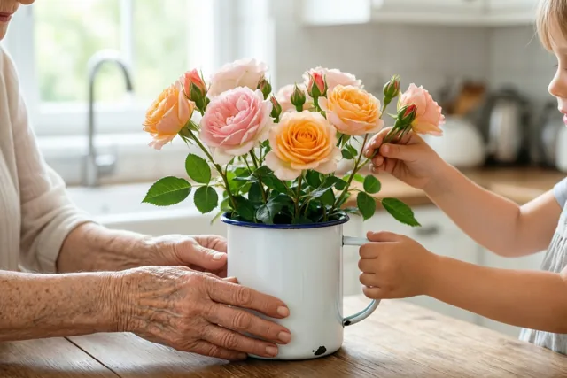 De gerimpelde handen van een oudere vrouw en de kleine handen van een kind schikken roze en perzikkleurige tuinrozen in een witte emaille kan op een houten keukentafel.