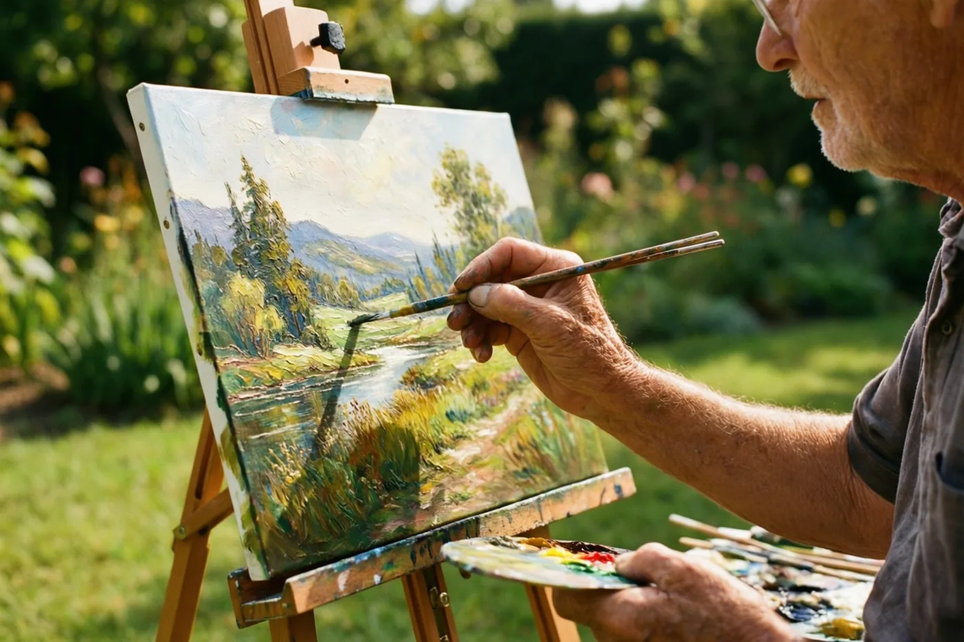 De handen van een oudere persoon schilderen een landschap op een schildersezel in een zonnige tuin, in groene, blauwe en aardetinten.