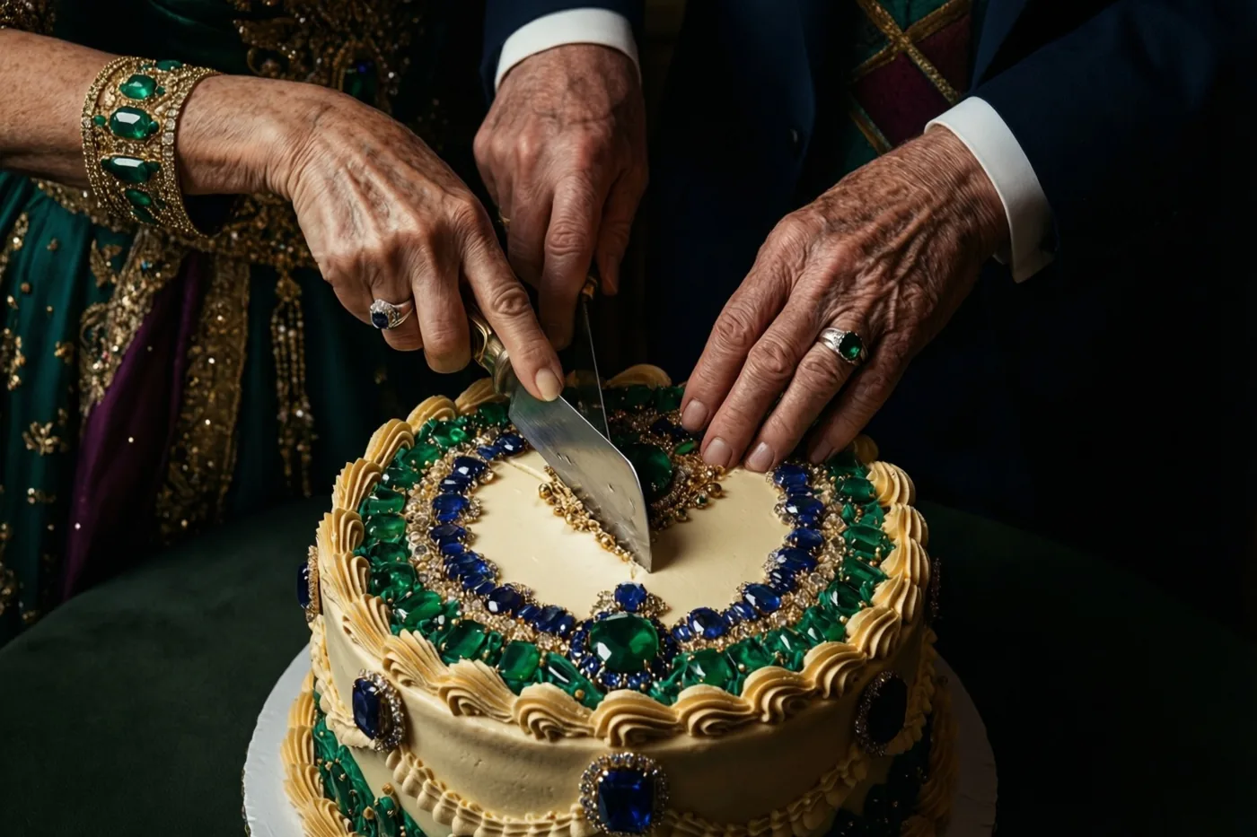 Twee oudere handen met trouwringen en juwelen snijden samen een rijkversierde taart aan tegen een donkere achtergrond, met groene, gouden en crèmekleurige tinten.