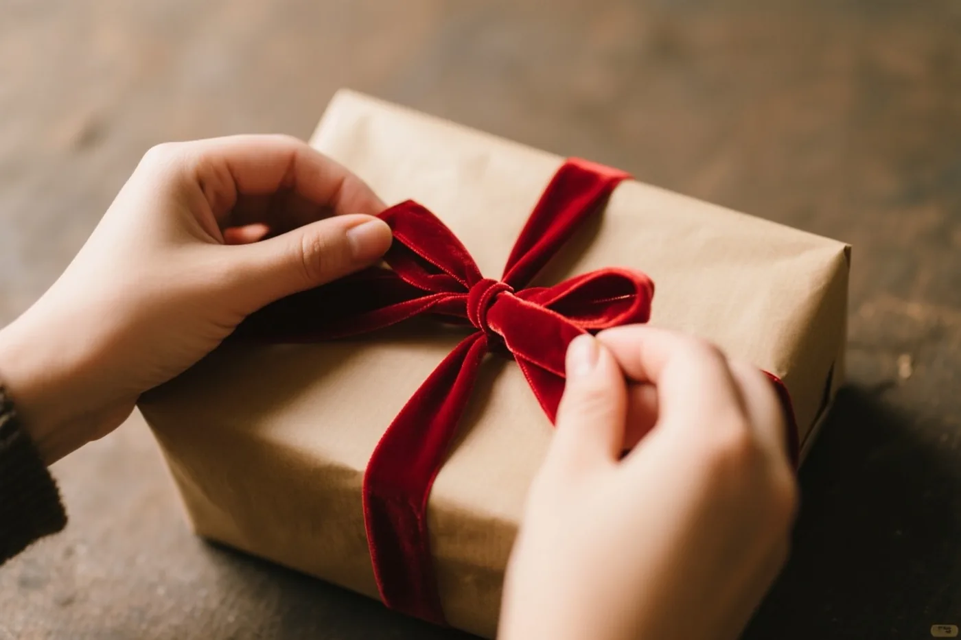 Twee handen knopen een rood fluwelen lint rond een rechthoekig cadeau in bruin papier op een donker houten oppervlak in zacht warm licht.